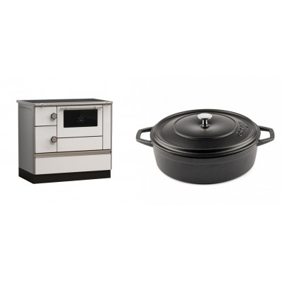 Set Küchenofen Alfa Plam Alfa 90 HET, 14.39kW + Gusseisen Topf Flach Solagio, Black Onyx, Ф28 - Kaminofen - Holzofen mit Backfach