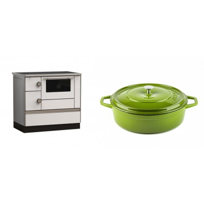 Set Küchenofen Alfa Plam Alfa 90 HET, 14.39kW + Gusseisen Topf Flach Solagio, Bamboo, Ф28 - Kaminofen - Holzofen mit Backfach