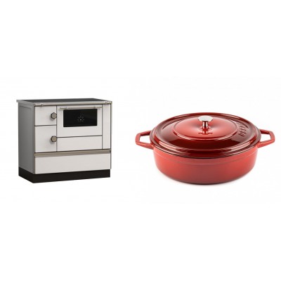 Set Küchenofen Alfa Plam Alfa 90 HET, 14.39kW + Gusseisen Topf Flach Solagio, Rubin, Ф28 - Kaminofen - Holzofen mit Backfach