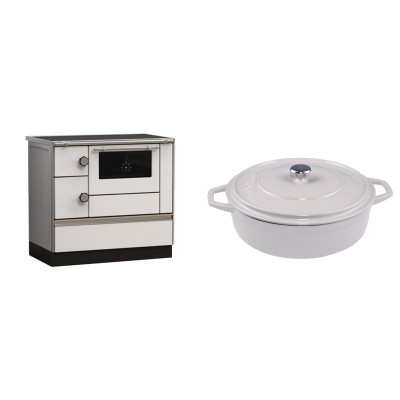 Set Küchenofen Alfa Plam Alfa 90 HET, 14.39kW + Gusseisen Topf Flach Solagio, Ivory, Ф28 - Kaminofen - Holzofen mit Backfach