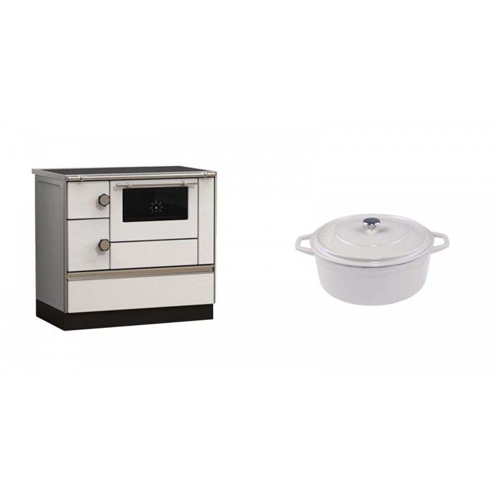 Set Küchenofen Alfa Plam Alfa 90 HET, 14.39kW + Gusseisen Topf Tiefer Solagio, Ivory, Ф12 | Kaminofen - Holzofen mit Backfach | Kaminofen |