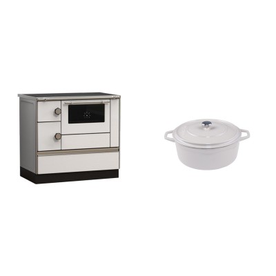 Set Küchenofen Alfa Plam Alfa 90 HET, 14.39kW + Gusseisen Topf Tiefer Solagio, Ivory, Ф12 - Kaminofen - Holzofen mit Backfach