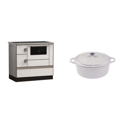 Set Küchenofen Alfa Plam Alfa 90 HET, 14.39kW + Gusseisen Topf Tiefer Solagio, Ivory, Ф20 - Kaminofen - Holzofen mit Backfach