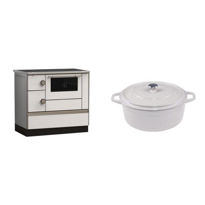 Set Küchenofen Alfa Plam Alfa 90 HET, 14.39kW + Gusseisen Topf Tiefer Solagio, Ivory, Ф24 - Kaminofen - Holzofen mit Backfach