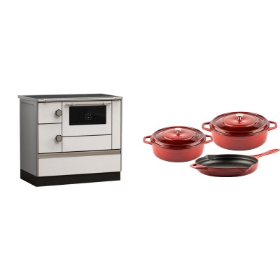 Set Küchenofen Alfa Plam Alfa 90 HET, 14.39kW + Gusseisen Topf Set aus 3 teilen Solagio, Rubin - Kaminofen - Holzofen mit Backfach
