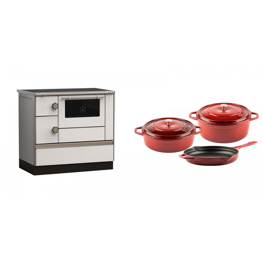 Set Küchenofen Alfa Plam Alfa 90 HET, 14.39kW + Gusseisen Topf Set aus 3 teilen Solagio, Rubin