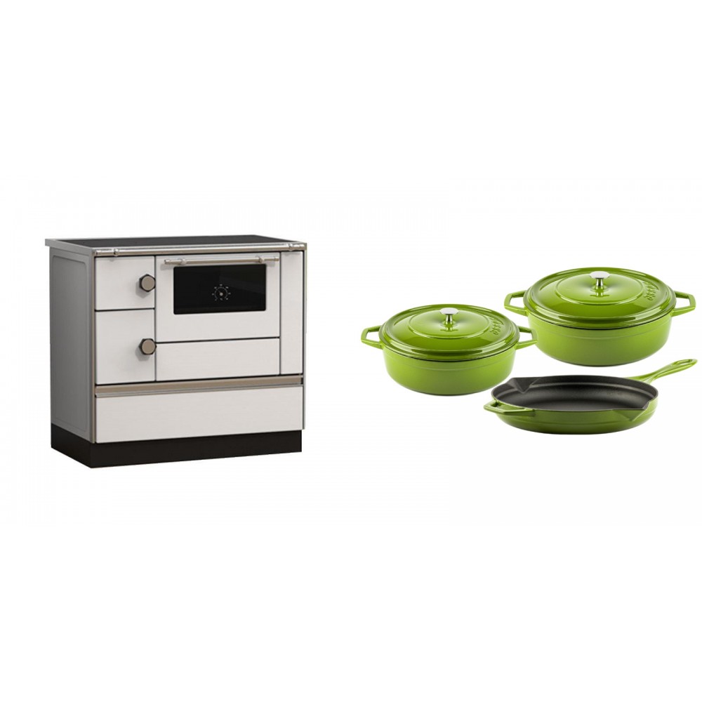 Set Küchenofen Alfa Plam Alfa 90 HET, 14.39kW + Gusseisen Topf Set aus 3 teilen Solagio, Bamboo | Kaminofen - Holzofen mit Backfach | Kaminofen |