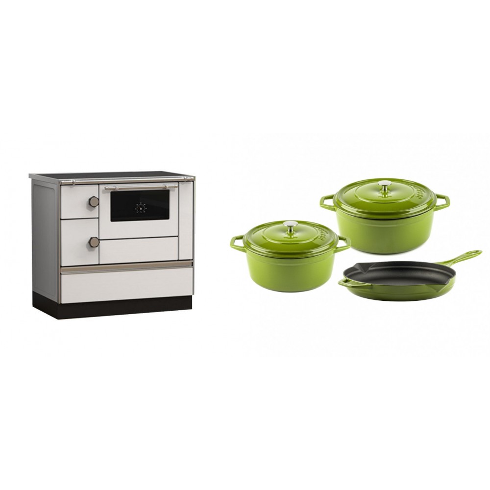 Set Küchenofen Alfa Plam Alfa 90 HET, 14.39kW + Gusseisen Topf Set aus 3 teilen Solagio, Bamboo | Kaminofen - Holzofen mit Backfach | Kaminofen |