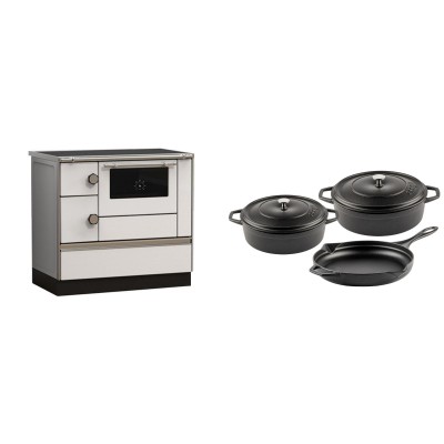 Set Küchenofen Alfa Plam Alfa 90 HET, 14.39kW + Gusseisen Topf Set aus 3 teilen Solagio, Black Onyx - Kaminofen - Holzofen mit Backfach