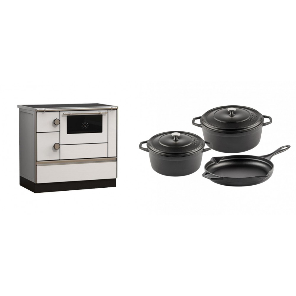 Set Küchenofen Alfa Plam Alfa 90 HET, 14.39kW + Gusseisen Topf Set aus 3 teilen Solagio, Black Onyx | Kaminofen - Holzofen mit Backfach | Kaminofen |