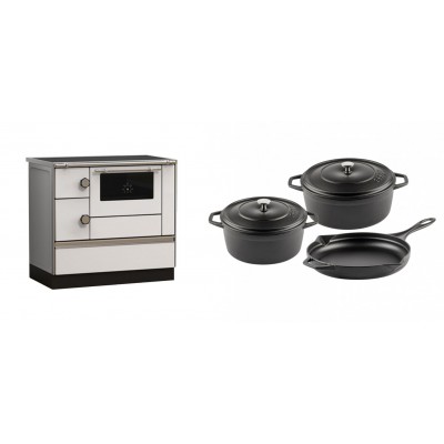 Set Küchenofen Alfa Plam Alfa 90 HET, 14.39kW + Gusseisen Topf Set aus 3 teilen Solagio, Black Onyx - Kaminofen - Holzofen mit Backfach