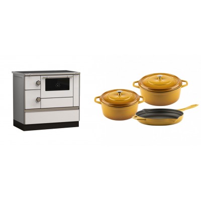 Set Küchenofen Alfa Plam Alfa 90 HET, 14.39kW + Gusseisen Topf Set aus 3 teilen Solagio, Dijon - Kaminofen - Holzofen mit Backfach