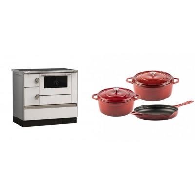 Set Küchenofen Alfa Plam Alfa 90 HET, 14.39kW + Gusseisen Topf Set aus 3 teilen Solagio, Rubin - Kaminofen - Holzofen mit Backfach