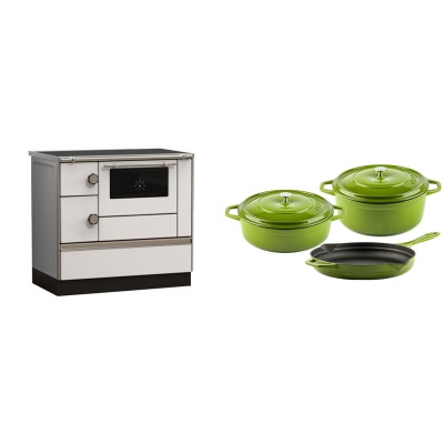 Set Küchenofen Alfa Plam Alfa 90 HET, 14.39kW + Gusseisen Topf Set aus 3 teilen Solagio, Bamboo - Kaminofen - Holzofen mit Backfach
