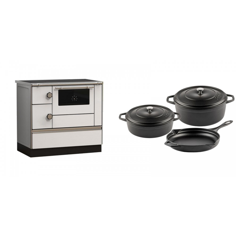 Set Küchenofen Alfa Plam Alfa 90 HET, 14.39kW + Gusseisen Topf Set aus 3 teilen Solagio, Black Onyx | Kaminofen - Holzofen mit Backfach | Kaminofen |