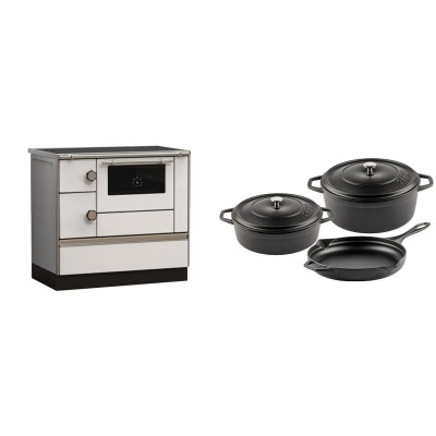 Set Küchenofen Alfa Plam Alfa 90 HET, 14.39kW + Gusseisen Topf Set aus 3 teilen Solagio, Black Onyx - Kaminofen - Holzofen mit Backfach