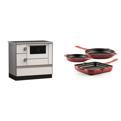 Set Küchenofen Alfa Plam Alfa 90 HET, 14.39kW + Gusseisen Topf Set aus 3 teilen Solagio, Rubin - Kaminofen - Holzofen mit Backfach