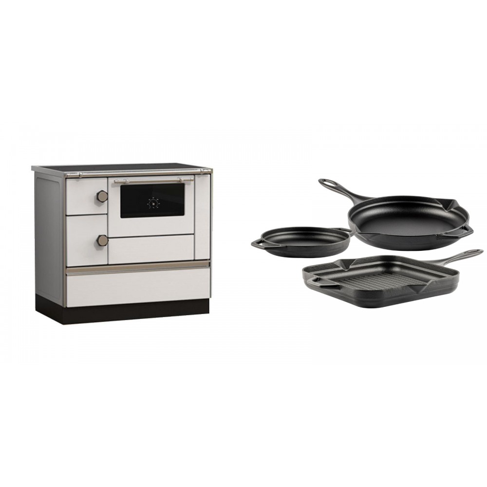 Set Küchenofen Alfa Plam Alfa 90 HET, 14.39kW + Gusseisen Topf Set aus 3 teilen Solagio, Black Onyx | Kaminofen - Holzofen mit Backfach | Kaminofen |