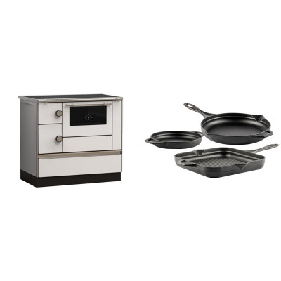 Set Küchenofen Alfa Plam Alfa 90 HET, 14.39kW + Gusseisen Topf Set aus 3 teilen Solagio, Black Onyx - Kaminofen - Holzofen mit Backfach