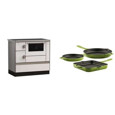 Set Küchenofen Alfa Plam Alfa 90 HET, 14.39kW + Gusseisen Topf Set aus 3 teilen Solagio, Bamboo - Kaminofen - Holzofen mit Backfach