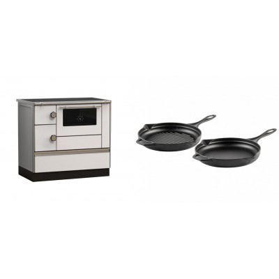 Set Küchenofen Alfa Plam Alfa 90 HET, 14.39kW + Gusseisen Topf Set aus 2 teilen Solagio, Black Onyx - Kaminofen - Holzofen mit Backfach