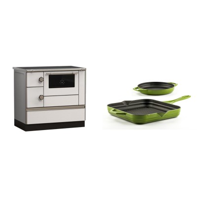 Set Küchenofen Alfa Plam Alfa 90 HET, 14.39kW + Gusseisen Topf Set aus 2 teilen Solagio, Bamboo - Kaminofen - Holzofen mit Backfach