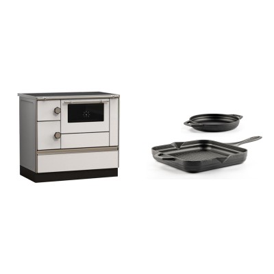 Set Küchenofen Alfa Plam Alfa 90 HET, 14.39kW + Gusseisen Topf Set aus 2 teilen Solagio, Black Onyx - Kaminofen - Holzofen mit Backfach