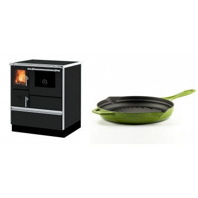 Set Küchenofen Alfa Plam Dominant 70, 6.3kW + Emaillierte grillpfanne Gusseisen Solagio, Bamboo, Ф28cm - Kaminofen - Holzofen mit Backfach