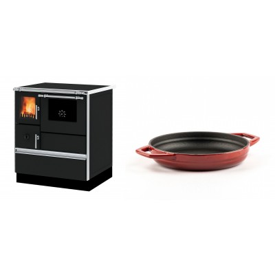Set Küchenofen Alfa Plam Dominant 70, 6.3kW + Emaillierte gusseisenpfanne mit zwei Griffen Solagio, Rubin, Ф19cm - Kaminofen - Holzofen mit Backfach