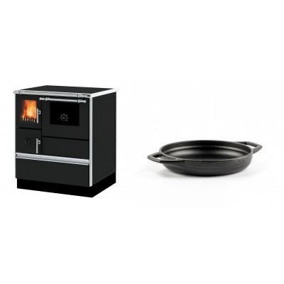 Set Küchenofen Alfa Plam Dominant 70, 6.3kW + Emaillierte gusseisenpfanne mit zwei Griffen Solagio, Black Onyx, Ф16cm - Kaminofen - Holzofen mit Backfach