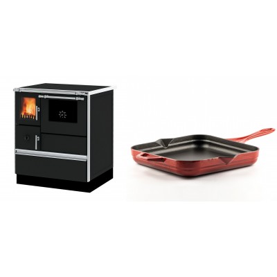 Set Küchenofen Alfa Plam Dominant 70, 6.3kW + Emaillierte Gusseisenpfanne Solagio, Rubin, 28x28cm - Kaminofen - Holzofen mit Backfach