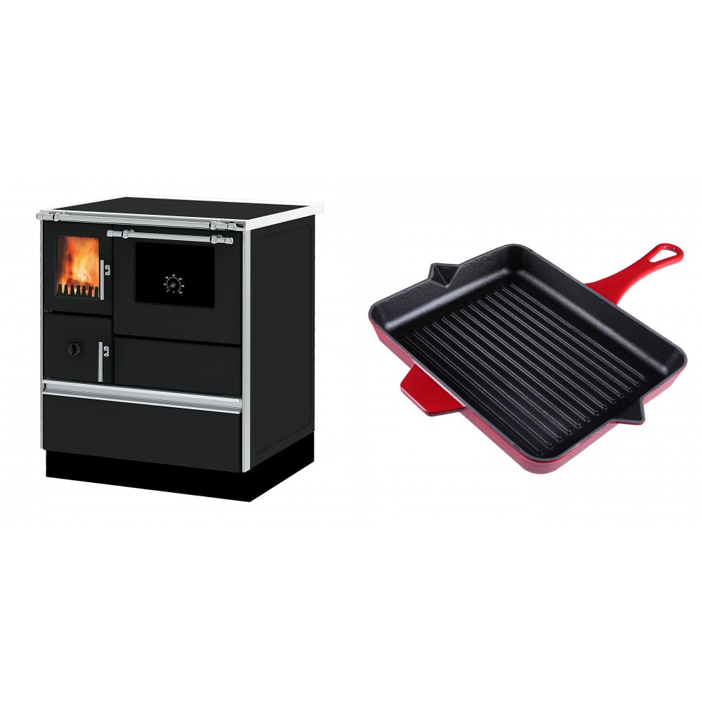 Set Küchenofen Alfa Plam Dominant 70, 6.3kW + Emaillierte grillpfanne Gusseisen Solagio, Rubin, 26x32cm | Kaminofen - Holzofen mit Backfach | Kaminofen |