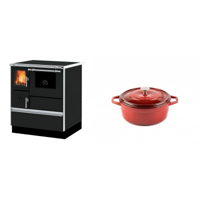 Set Küchenofen Alfa Plam Dominant 70, 6.3kW + Gusseisen Topf Tiefer Solagio, Rubin, Ф12 - Kaminofen - Holzofen mit Backfach