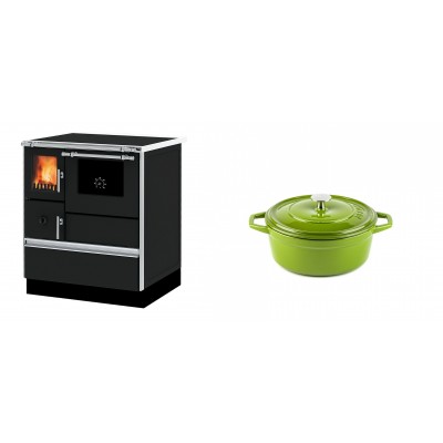 Set Küchenofen Alfa Plam Dominant 70, 6.3kW + Gusseisen Topf Tiefer Solagio, Bamboo, Ф12 - Kaminofen - Holzofen mit Backfach