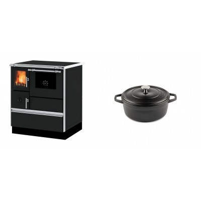 Set Küchenofen Alfa Plam Dominant 70, 6.3kW + Gusseisen Topf Tiefer Solagio, Black Onyx, Ф12 - Kaminofen - Holzofen mit Backfach