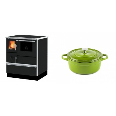 Set Küchenofen Alfa Plam Dominant 70, 6.3kW + Gusseisen Topf Tiefer Solagio, Bamboo, Ф20 - Kaminofen - Holzofen mit Backfach