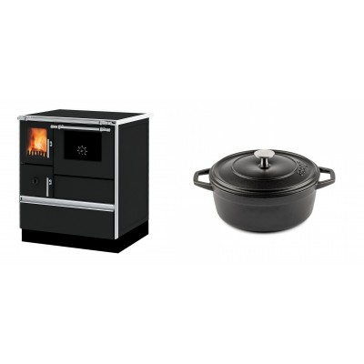 Set Küchenofen Alfa Plam Dominant 70, 6.3kW + Gusseisen Topf Tiefer Solagio, Black Onyx, Ф20 - Kaminofen - Holzofen mit Backfach
