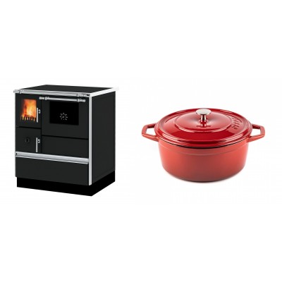 Set Küchenofen Alfa Plam Dominant 70, 6.3kW + Gusseisen Topf Tiefer Solagio, Rubin, Ф24 - Kaminofen - Holzofen mit Backfach