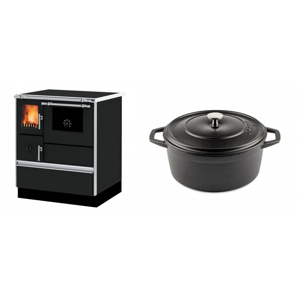 Set Küchenofen Alfa Plam Dominant 70, 6.3kW + Gusseisen Topf Tiefer Solagio, Black Onyx, Ф24 | Kaminofen - Holzofen mit Backfach | Kaminofen |