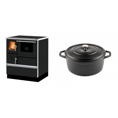 Set Küchenofen Alfa Plam Dominant 70, 6.3kW + Gusseisen Topf Tiefer Solagio, Black Onyx, Ф24 - Kaminofen - Holzofen mit Backfach