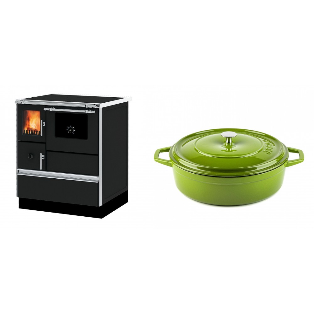 Set Küchenofen Alfa Plam Dominant 70, 6.3kW + Gusseisen Topf Flach Solagio, Bamboo, Ф28 | Kaminofen - Holzofen mit Backfach | Kaminofen |