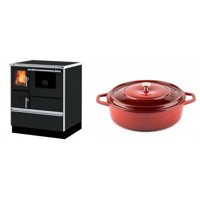 Set Küchenofen Alfa Plam Dominant 70, 6.3kW + Gusseisen Topf Flach Solagio, Rubin, Ф28 - Kaminofen - Holzofen mit Backfach