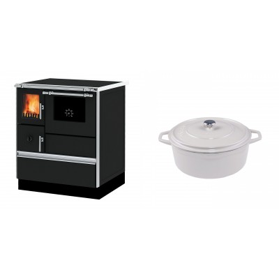 Set Küchenofen Alfa Plam Dominant 70, 6.3kW + Gusseisen Topf Tiefer Solagio, Ivory, Ф20 - Kaminofen - Holzofen mit Backfach