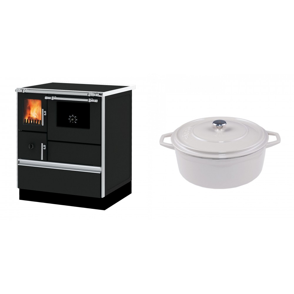 Set Küchenofen Alfa Plam Dominant 70, 6.3kW + Gusseisen Topf Tiefer Solagio, Ivory, Ф24 | Kaminofen - Holzofen mit Backfach | Kaminofen |