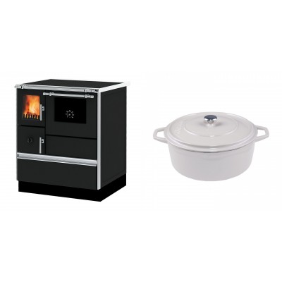 Set Küchenofen Alfa Plam Dominant 70, 6.3kW + Gusseisen Topf Tiefer Solagio, Ivory, Ф24 - Kaminofen - Holzofen mit Backfach