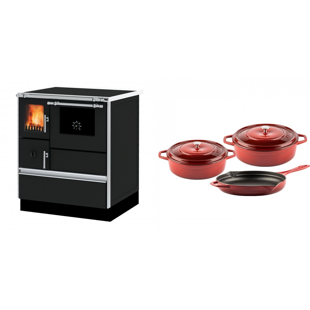 Set Küchenofen Alfa Plam Dominant 70, 6.3kW + Gusseisen Topf Set aus 3 teilen Solagio, Rubin