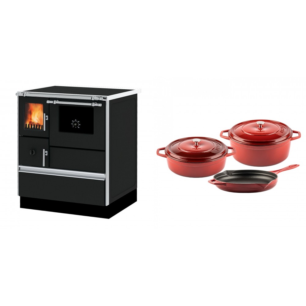 Set Küchenofen Alfa Plam Dominant 70, 6.3kW + Gusseisen Topf Set aus 3 teilen Solagio, Rubin