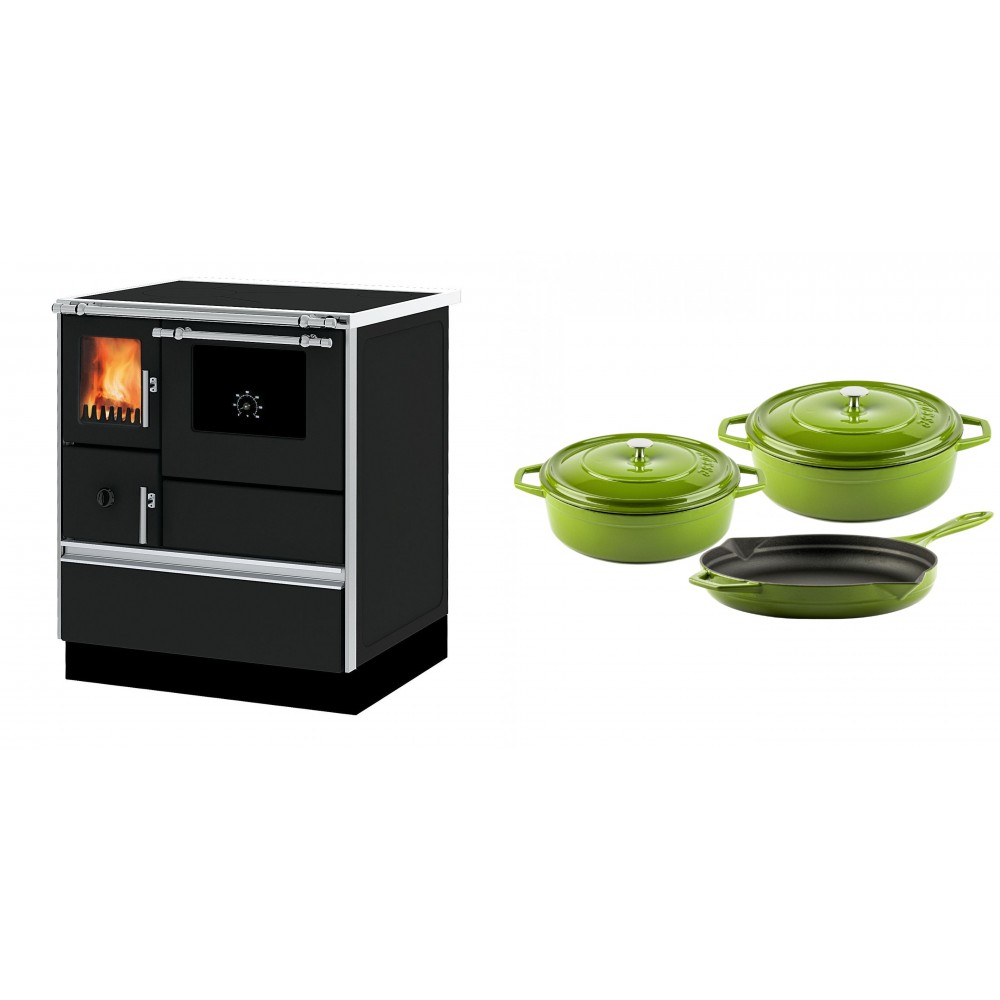 Set Küchenofen Alfa Plam Dominant 70, 6.3kW + Gusseisen Topf Set aus 3 teilen Solagio, Bamboo | Kaminofen - Holzofen mit Backfach | Kaminofen |