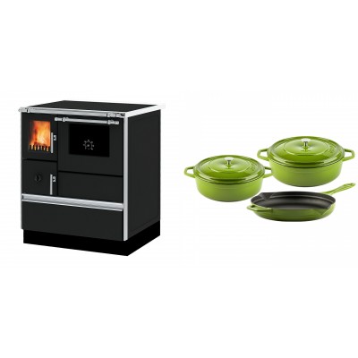 Set Küchenofen Alfa Plam Dominant 70, 6.3kW + Gusseisen Topf Set aus 3 teilen Solagio, Bamboo - Kaminofen - Holzofen mit Backfach