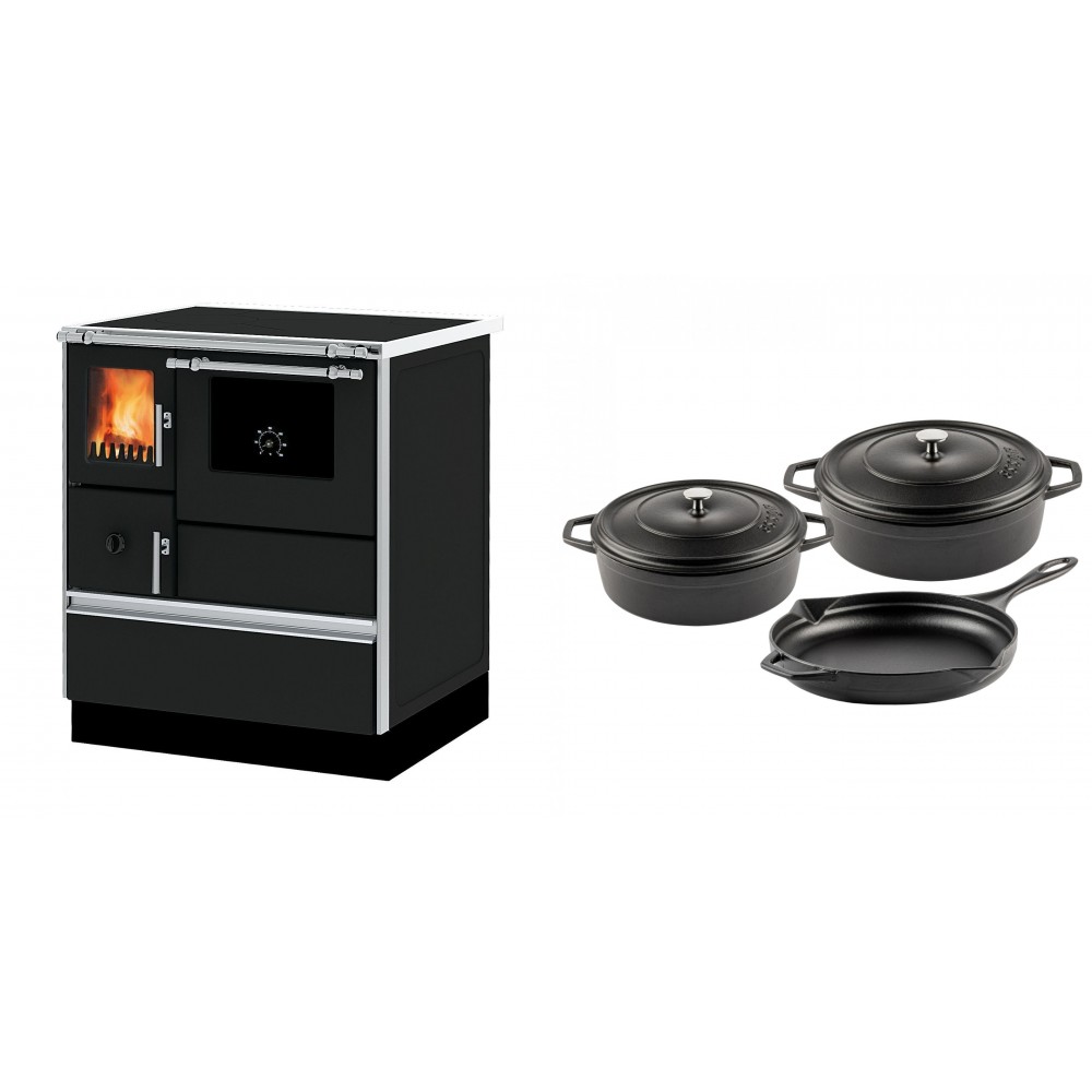 Set Küchenofen Alfa Plam Dominant 70, 6.3kW + Gusseisen Topf Set aus 3 teilen Solagio, Black Onyx | Kaminofen - Holzofen mit Backfach | Kaminofen |